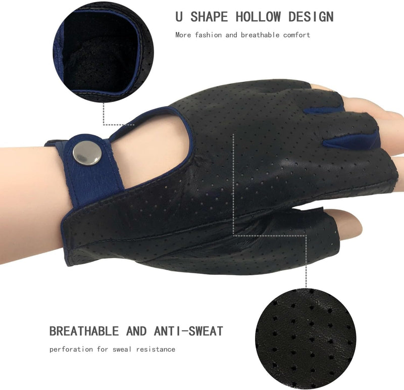 ZLUXURQ Herren-Lederhandschuhe Vollmaschige Fingerlose Halbfinger-Fahrhandschuhe Small-8.5" Schwarz