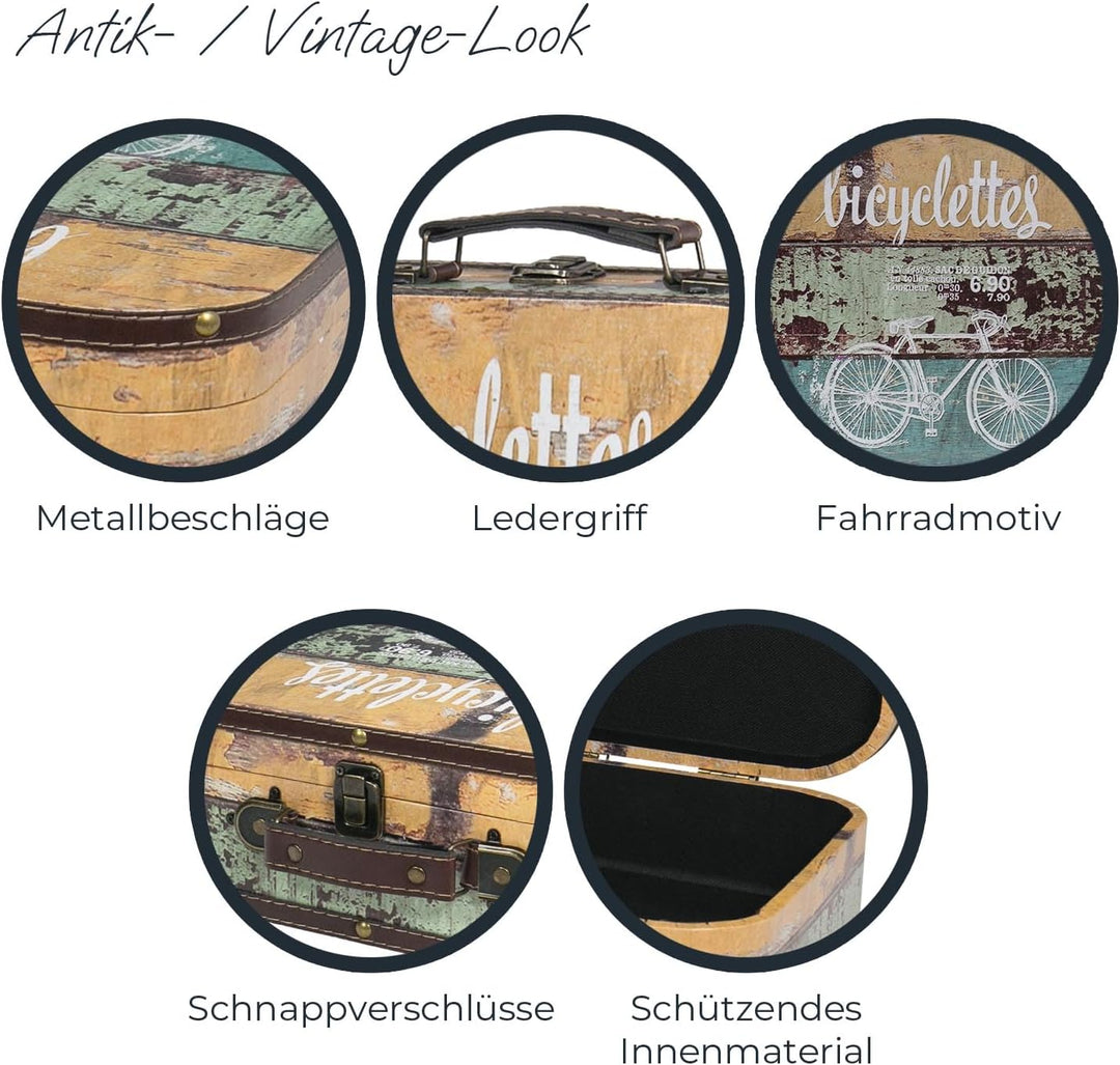 HMF VKO206 Vintage Koffer aus Holz | 25 x 21,5 x 8,5 cm | Klein | Deko Fahrrad 25 cm, 25 cm