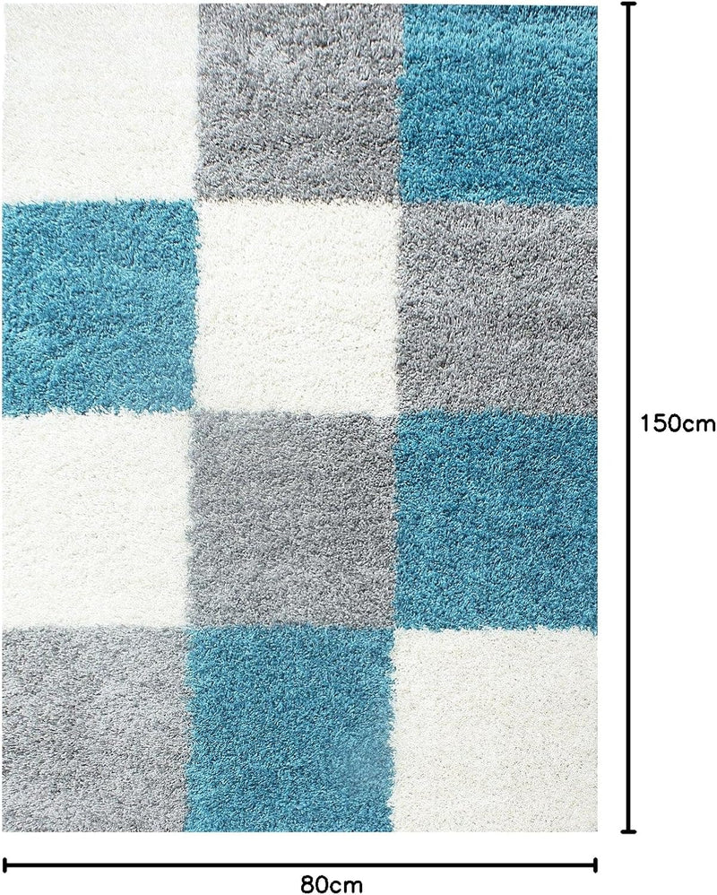 HomebyHome Teppich Wohnzimmer Shaggy Hochflor Türkis Läufer 80x150 cm Kariert Läufer Flur - Flauschi