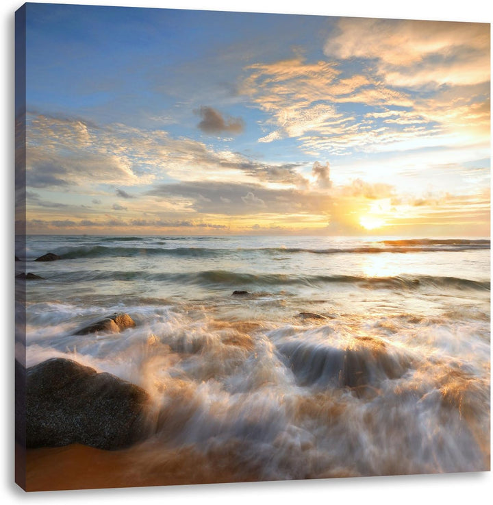 Sonnenuntergang am Meer, Format: 70x70 auf Leinwand, XXL riesige Bilder fertig gerahmt mit Keilrahme