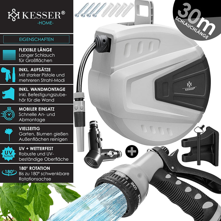 KESSER® Schlauchtrommel 30+2m Schlauchaufroller Wasser | Multi-Handbrause | 180° Schwenkbar | Aufwic