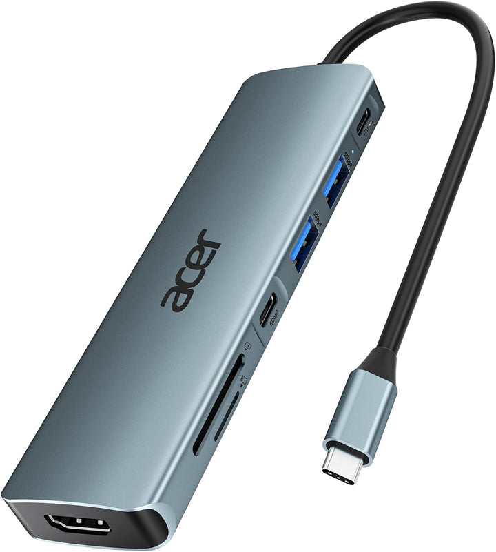 acer USB C Hub, 7IN1 USB-C auf 4K HDMI, 2xUSB 3.0, 1x Typ C 5Gbps, 100W PD, SD/TF Katenleser, Alumin