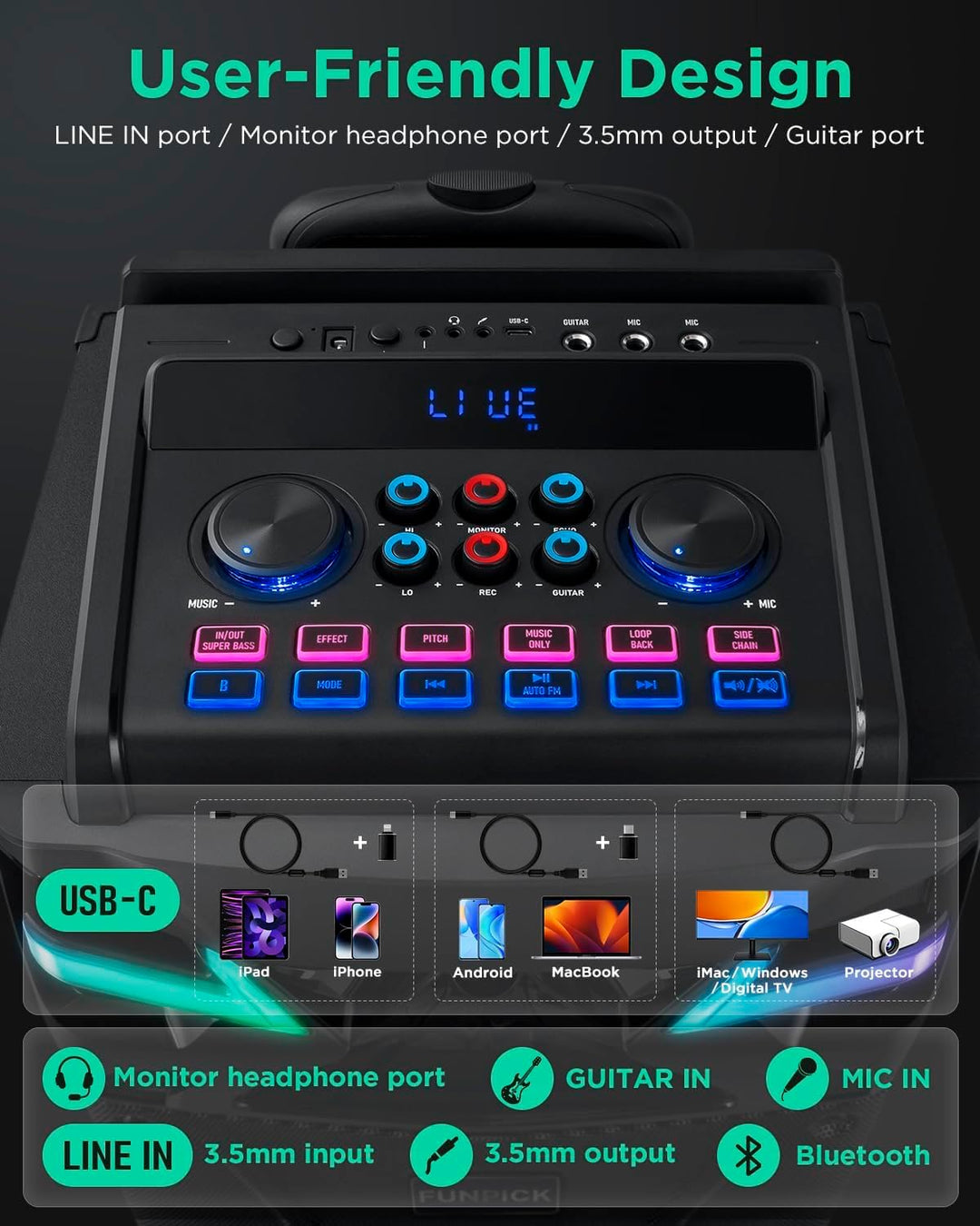 DSP Bluetooth Karaoke Maschine mit 2 mikrofonen Lautsprecher, 600W 10&