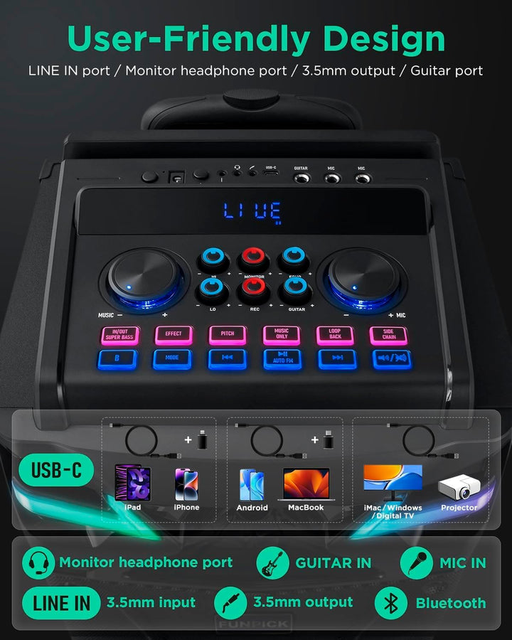DSP Bluetooth Karaoke Maschine mit 2 mikrofonen Lautsprecher, 600W 10&