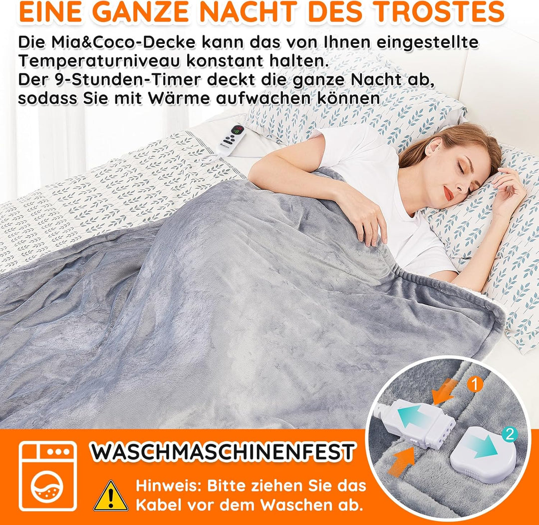 Mia&Coco Heizdecke mit Abschaltautomatik, 10 Heizstufen Up-to-9 Stunden Auto-Off-Timer Überhitzungss