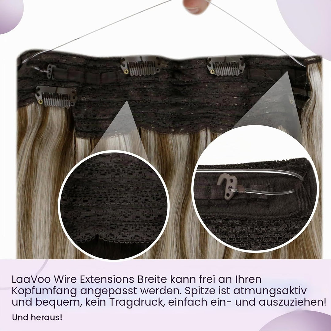 LaaVoo Remy Extensions Echthaar mit Draht Braun Blond Invisible Wire Extensions Echthaar Hellbraun H
