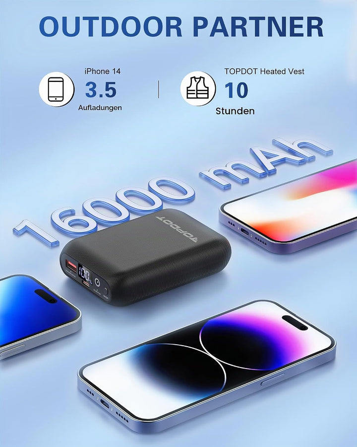 Topdot 16000mAh Powerbank für Heizweste, Beheizbarer Westen-Akkupack, DC- und USB-Ausgangsanschlüsse