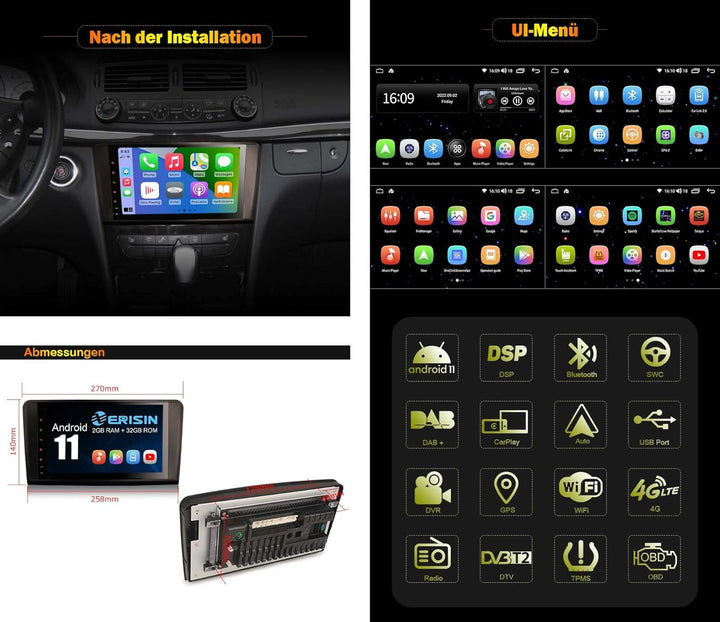 Erisin 9 Zoll Android 11 Wireless CarPlay Autoradio mit Navi GPS für Mercedes Benz W164 X164 GL/ML-K