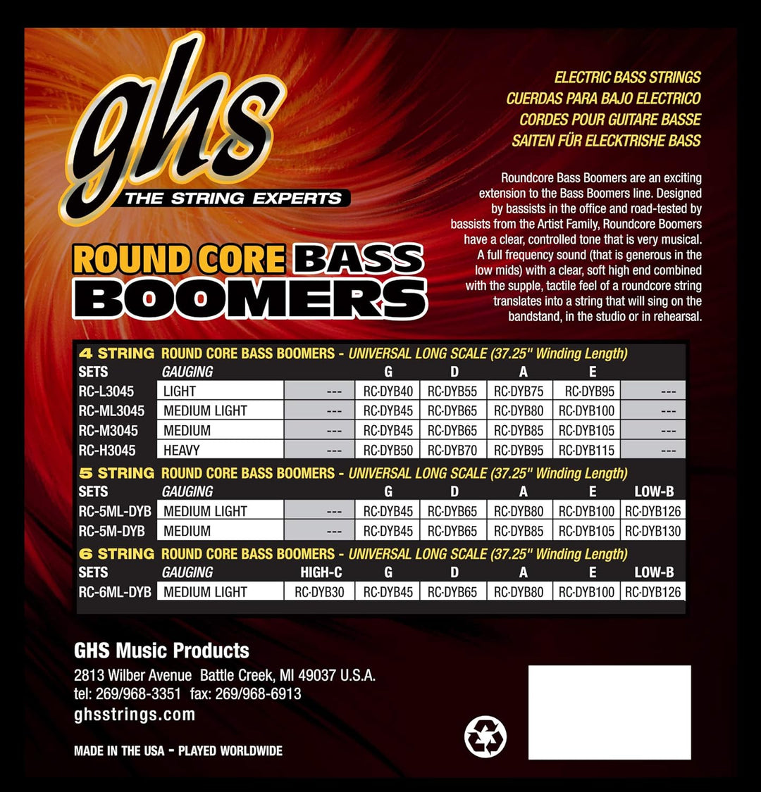 GHS Round Core Bass Boomers - RC-M3045 - Bass String Set, 4-String, Medium, .045-.105