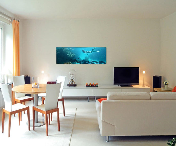 Panoramabild auf Leinwand und Keilrahmen 150x50cm Meer Korallenriff Fische Taucherin Palmen