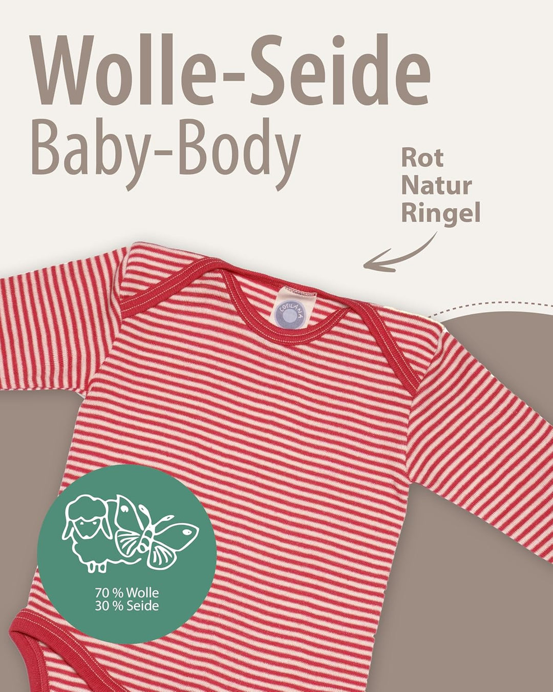 Cosilana, Baby Body Langarm, 70% Wolle, 30% Seide Rot Geringelt 86-92, Rot Geringelt 86-92