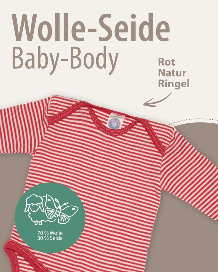 Cosilana, Baby Body Langarm, 70% Wolle, 30% Seide Rot Geringelt 86-92, Rot Geringelt 86-92