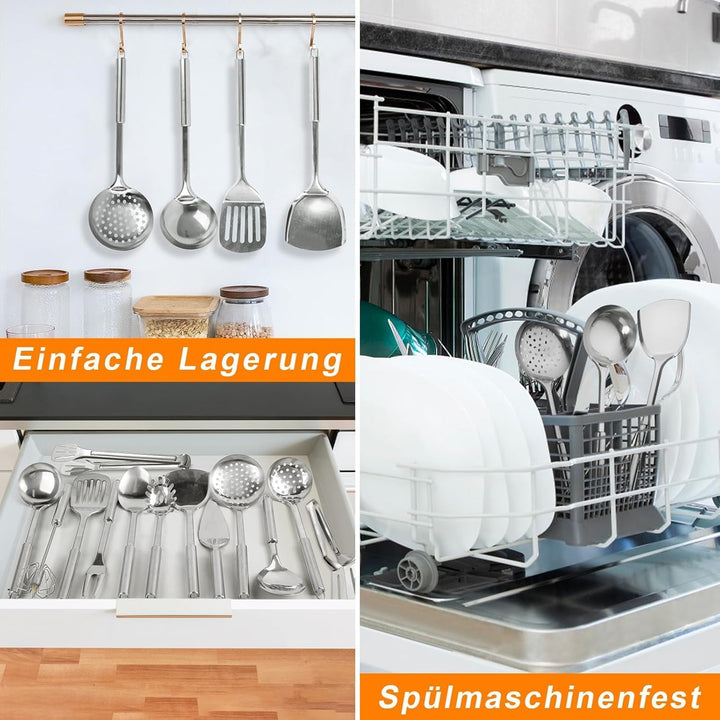 Kottwca Edelstahl Kochutensilien Set - 13 - Stück Set, Wärmebeständig, Kunststoff - frei, Antihaft H