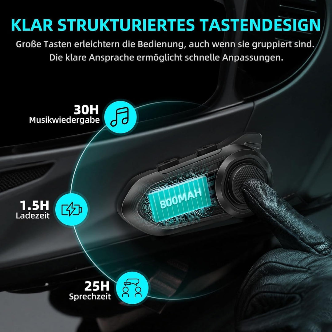 R18 Motorrad Headset with Intercom ，für 10 Personen und 2000 m Reichweite Kommunikationssystemmit, H