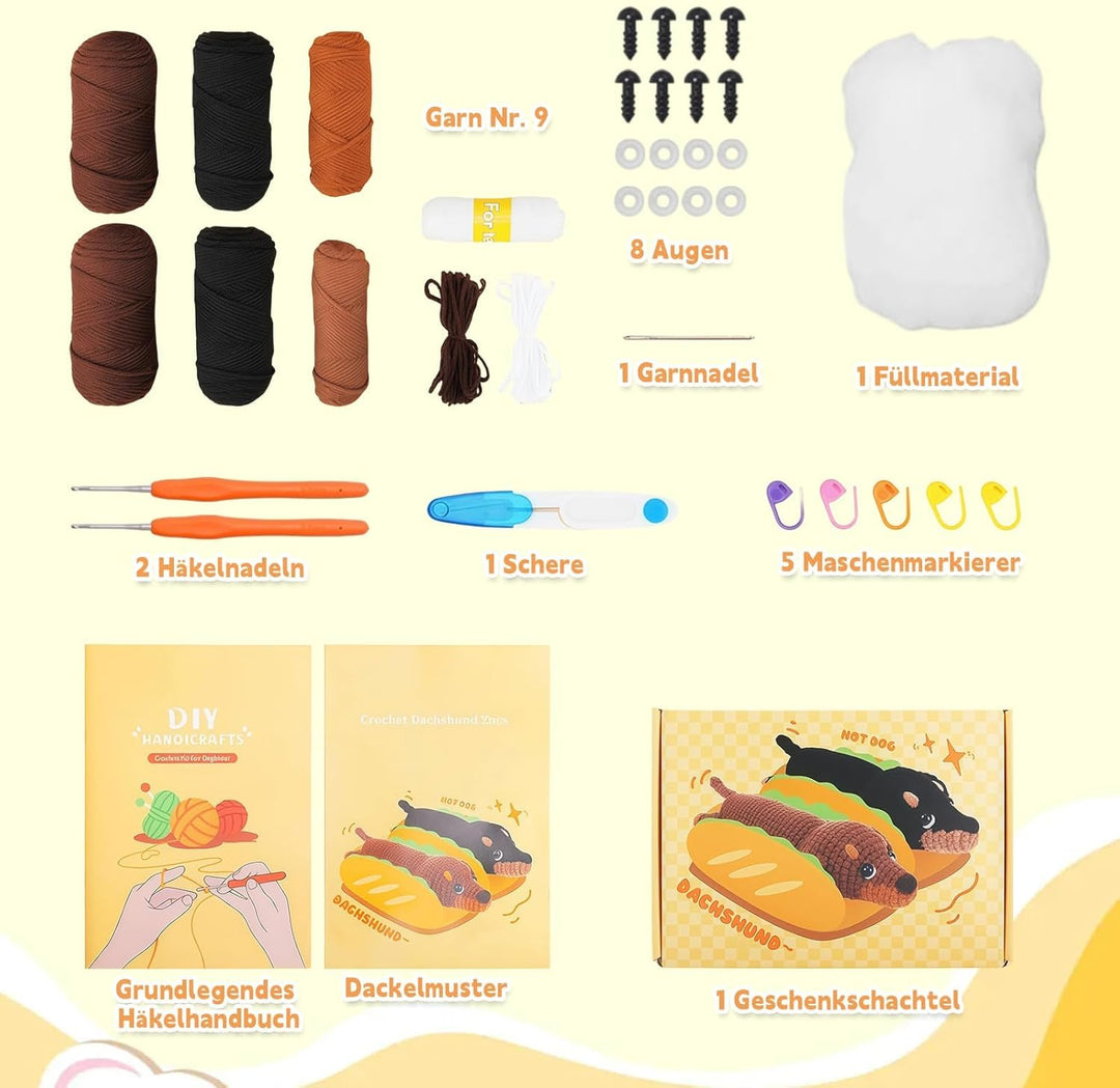 VZU Dackel Häkelset für Anfänger, Komplettes DIY Crochet Tier Kit mit Weichem Garn, Häkelnadel, Anle