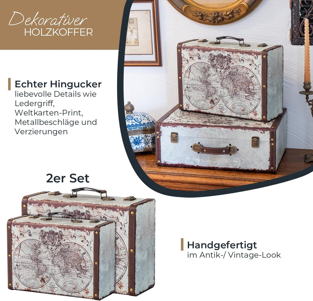 HMF VKO101 Vintage Koffer aus Holz | 2er Set | Versch. Grössen | Deko Weltkarte 2er Set Weltkarte, 2