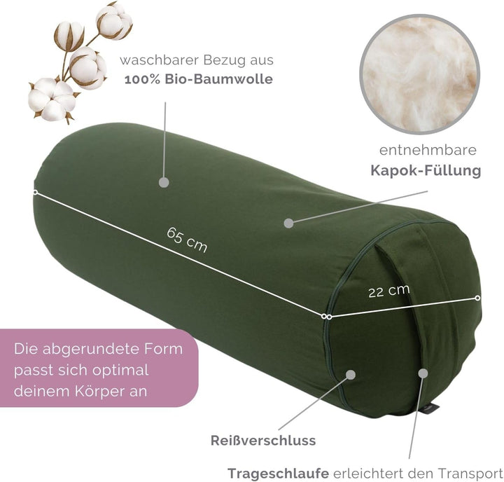 Bodhi Yoga Bolster | ECO Serie | Yogarolle mit Kapok-Füllung | Waschbarer Bezug aus 100% Bio-Baumwol