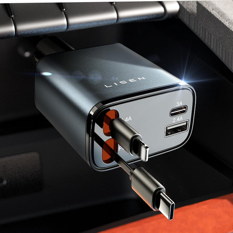 LISEN 69W Einziehbares Zigarettenanzünder USB C Schnellladegerät Ladegerät Auto Retractable ladekabe