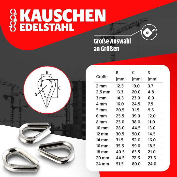 DQ-PP STAHLSEIL SET | 8mm | 20m | 2 x Seilklemmen Bügel 8mm | 2 x Kauschen 8mm | Edelstahl INOX | 7x