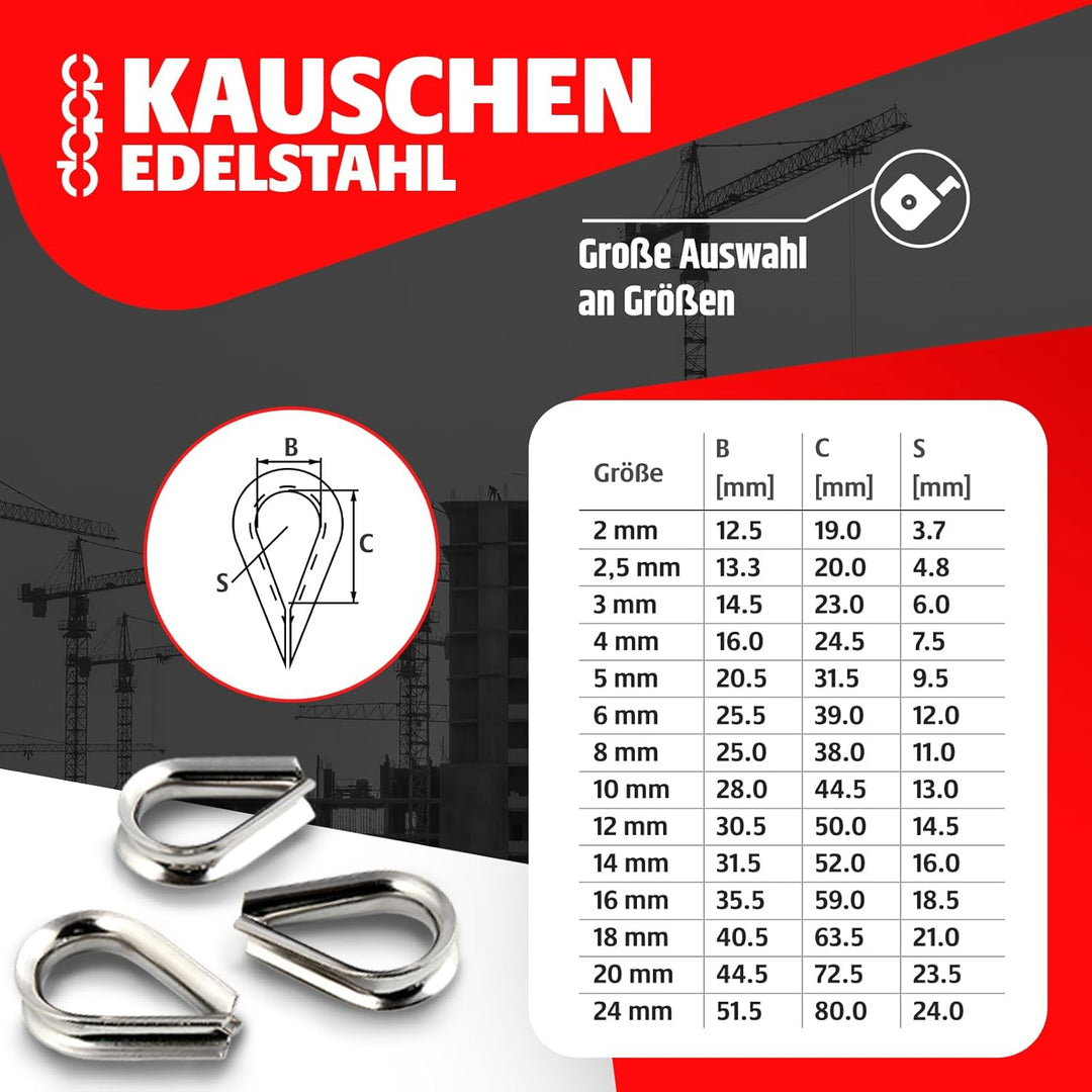 [DQ-PP] 5m EDELSTAHLSEIL SET 8mm 7x19 + 2 x SEILKLEMMEN 8mm DIN 741 + 2 x KAUSCHE 8mm Stahlseil Inox