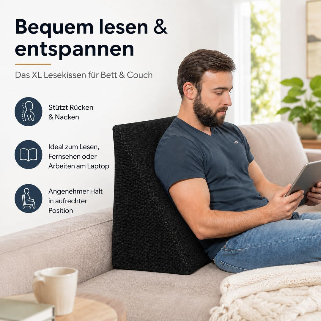 Das Fantastische XL Keilkissen 60x50x30cm - Formstabiles XL Lesekissen für Bett &amp; Couch. Lesekissen