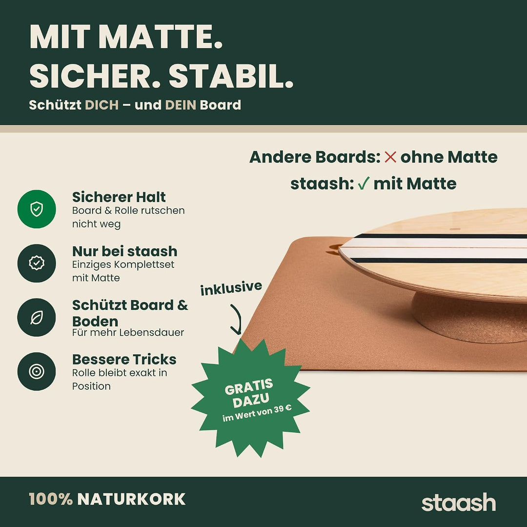STAASH® PRO Balance Board - Premium Birkenholz mit 5 Trainings-Modulen | Komplettset für Core, Balan