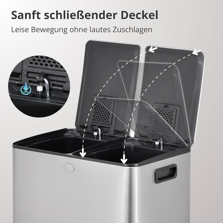 Mülleimer Küche, 2 x 15 L, Mülltrennsystem 2 Fächer, Doppel-Mülleimer aus Edelstahl, Anti-Fingerabdr