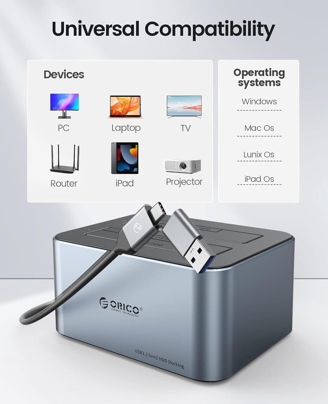 ORICO Aluminium Dual Festplatten Dockingstation, USB 3.2 Gen 2 Docking Station für SATA 2,5/3,5 Zoll