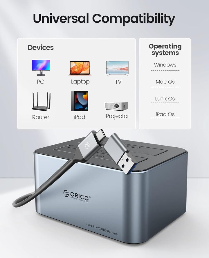 ORICO Aluminium Dual Festplatten Dockingstation, USB 3.2 Gen 2 Docking Station für SATA 2,5/3,5 Zoll