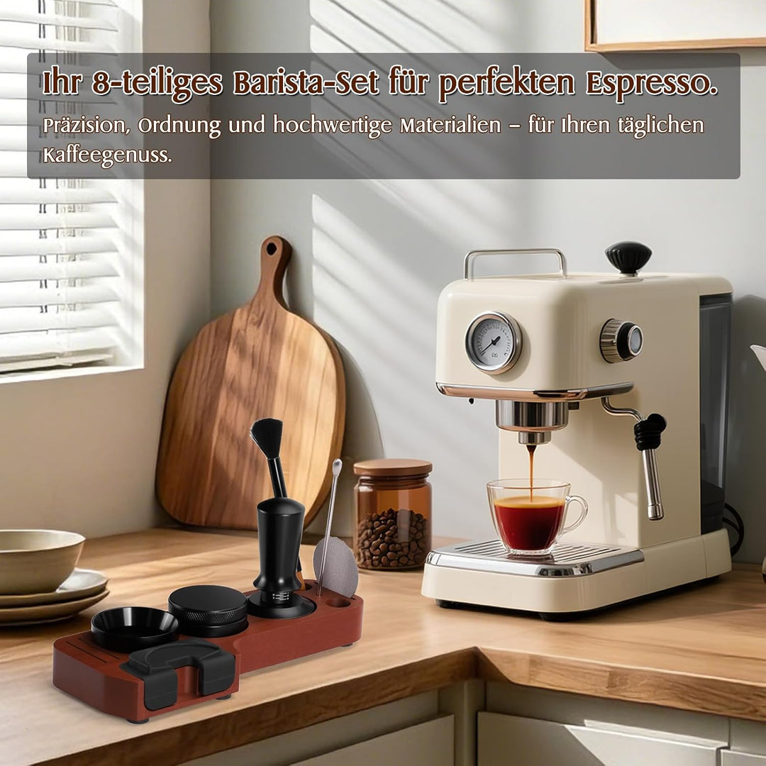 51mm Espresso Zubehör Set 8 teilig mit Holz-Tamperstation, Tamper, WDT Tool, Dosing Ring, Verteiler,