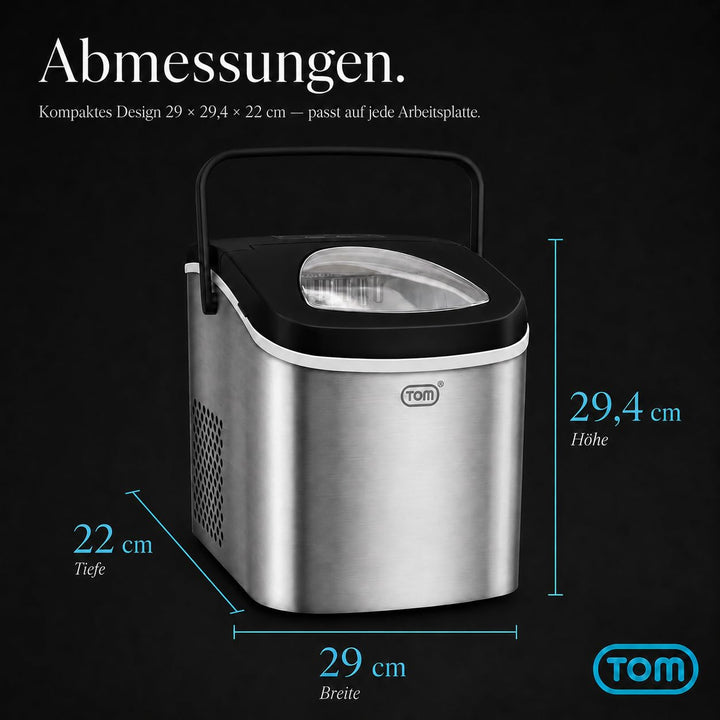 TOM Eiswürfelmaschine – 9 Eiswürfel in 6-8 min – 12 kg/24 h – 2 Würfelgrössen – Ice maker Eiswürfelm