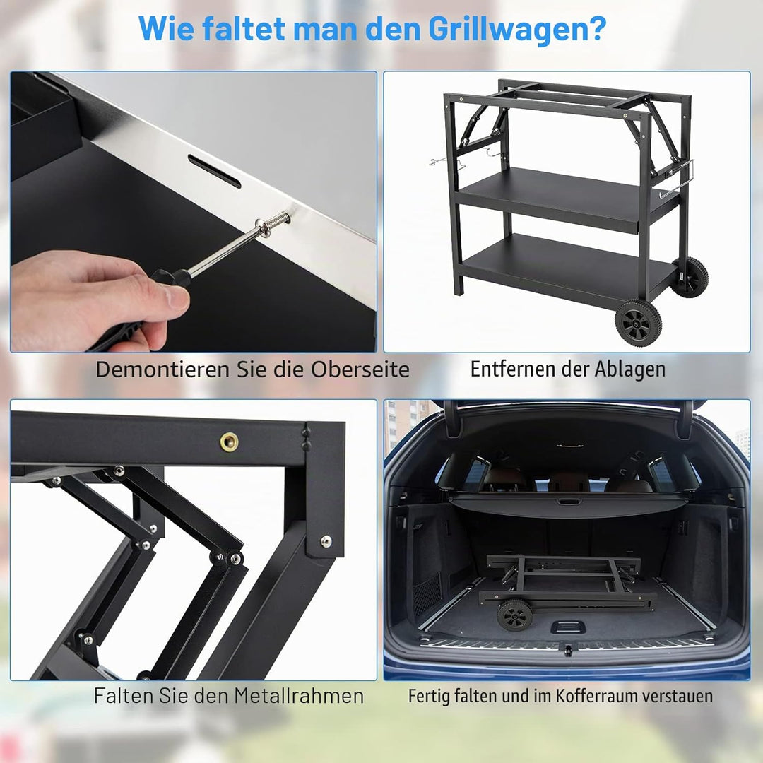 KOMFOTTEU Grillwagen klappbar, Grilltisch mit Edelstahl Arbeitsplatte, Outdoor Rollwagen mit 2 Rolle