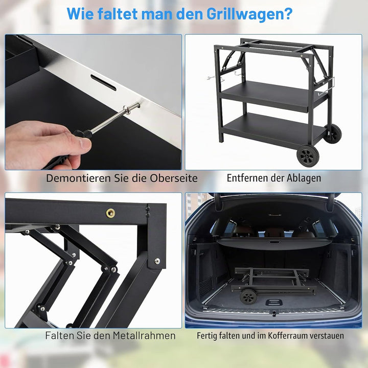 KOMFOTTEU Grillwagen klappbar, Grilltisch mit Edelstahl Arbeitsplatte, Outdoor Rollwagen mit 2 Rolle