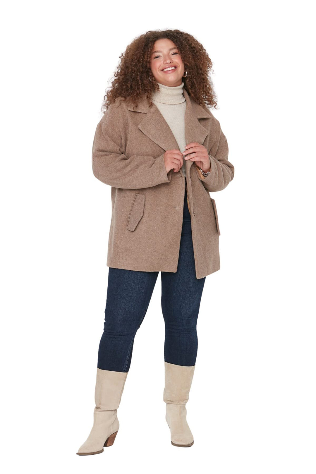 TRENDYOL Damen Oversize Shift Plain Webstoff Grössen in Mantel Coat 46 Grosse Grössen Mink Color, 46