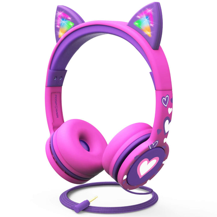 FosPower - Kopfhörer Kinder mit LED leuchten Katzenohren, 3,5mm On Ear Audio Kopfhörer für Kinder mi