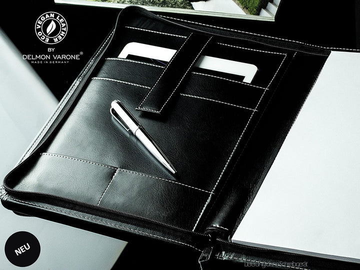 DELMON VARONE - Tablet Schreibmappe mit Reissverschluss inkl. Notizblock DIN A4 aus veganem Eco Kuns