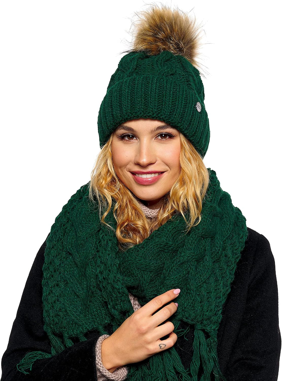 ELIMELI® Winter Mütze Damenmütze mit Fell-Bommel Fleece Innenfutter gefüttert - warme Damen Bommelmü