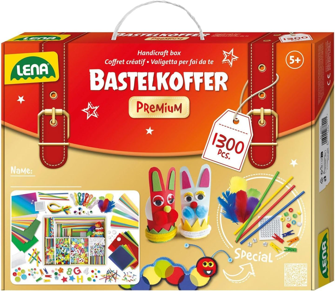 Lena 42663 Premium XXL Bastelkoffer mit 1300 Teile, Material zum Basteln, mit Moosgummi, Buntpapier,