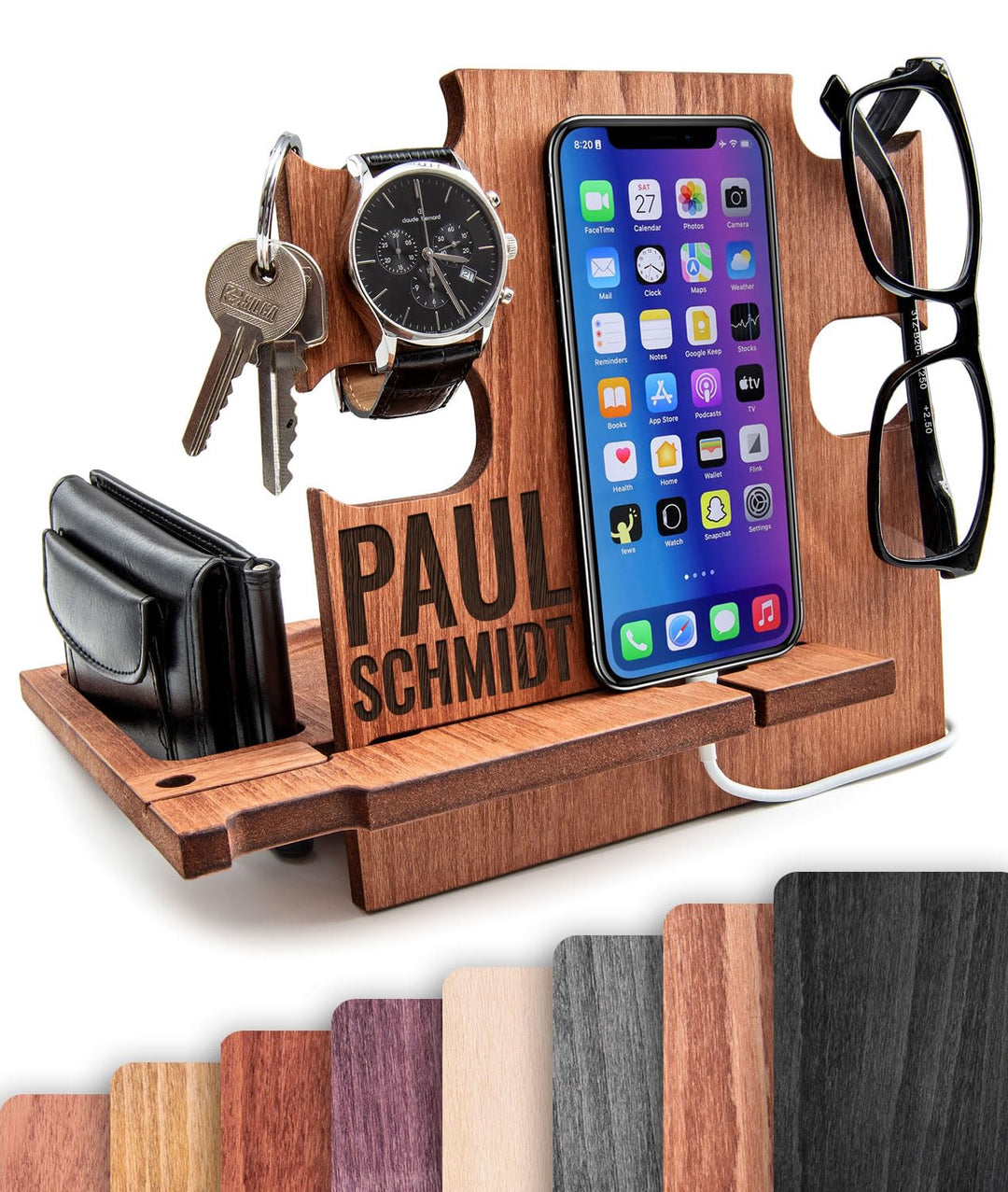 Personalisierte Docking Station aus Holz – Geschenk zum Geburtstag für Männer – Handyhalterung & Org