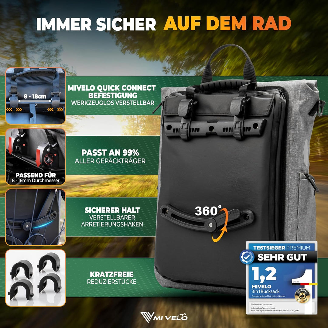 MIVELO 3in1 Fahrradtasche für Gepäckträger I Rucksack &amp; Gepäckträgertasche hinten - in 15 Sekunden u