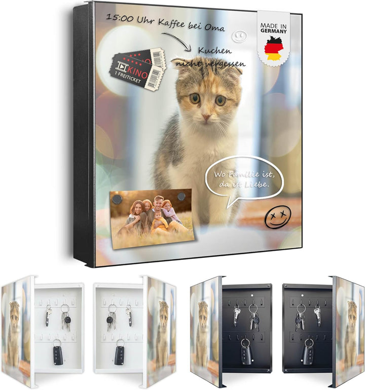 banjado® Grosser Schlüsselkasten Glas/Schlüsselbox 30cm x 30cm mit 50 Haken - Motiv Kleine Katze/Sch