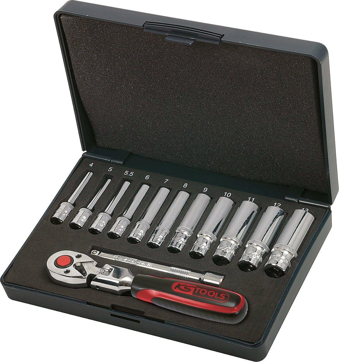 KS Tools 918.0613 1/4 Zoll CHROMEplus Steckschlüssel-Satz | inklusive Umschaltknarre, 72-Zahn | hoch