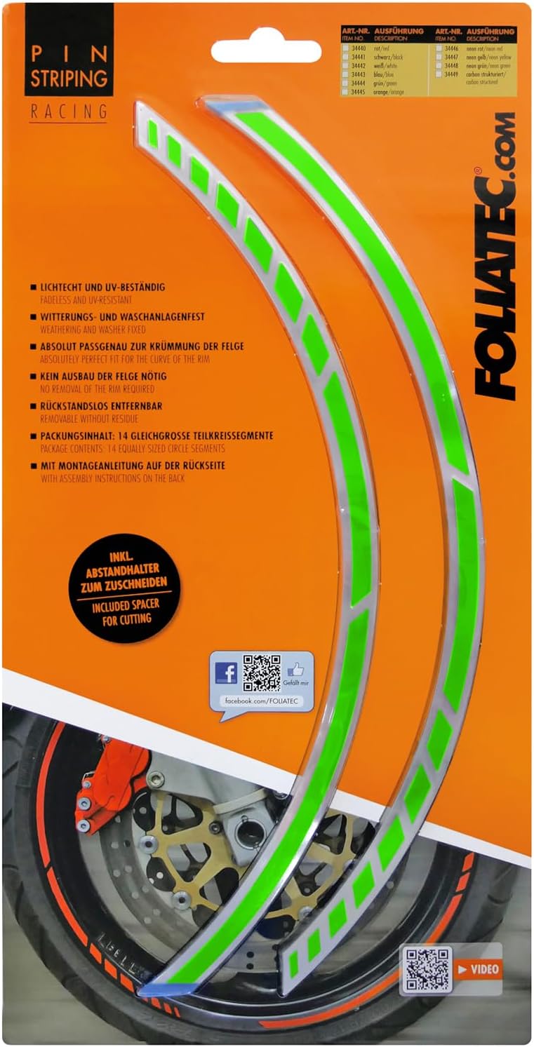 FOLIATEC PIN Striping Racing Felgenrandaufkleber Motorrad Zierstreifen Felgen Aufkleber, neon grün N