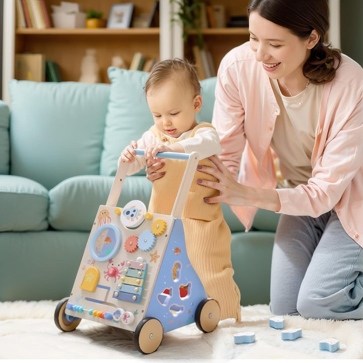 Lauflernwagen Holz, Ozean Baby Lauflernhilfe mit Multifunktional Montessori Spielzeug, Holzspielzeug