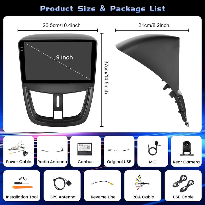 Hikity 4+64G 9" Android Autoradio für Peugeot 207 2006-2015 | Incell Touchscreen GPS Navi Bluetooth