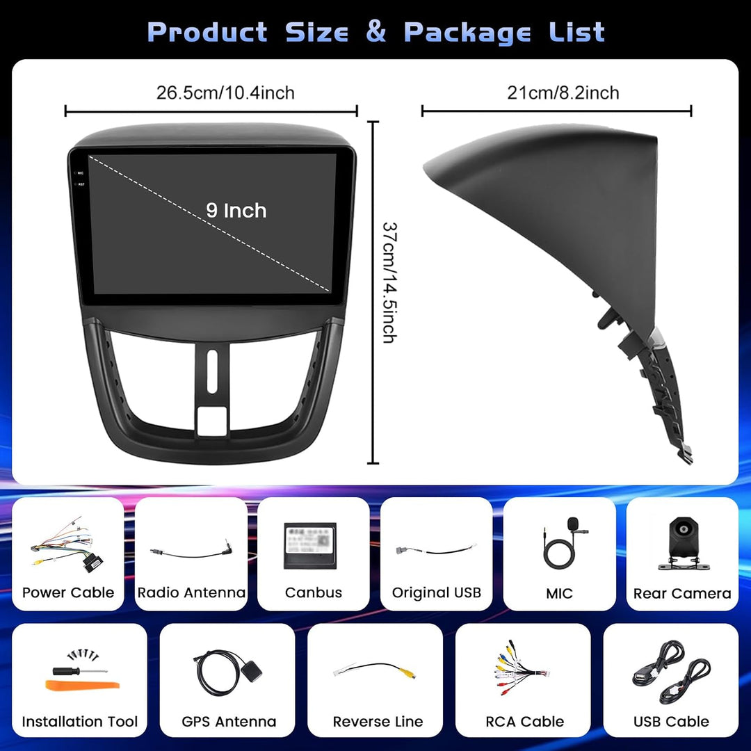 Hikity 4+128G 9" Android Autoradio für Peugeot 207 2006-2015 | Incell Touchscreen Wireless Carplay A