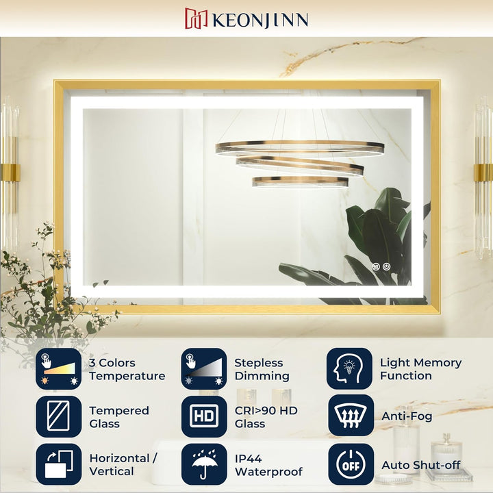 Keonjinn Badspiegel mit Beleuchtung Gold Metallrahmen 50x70cm, Badezimmerspiegel Beleuchtet Beschlag