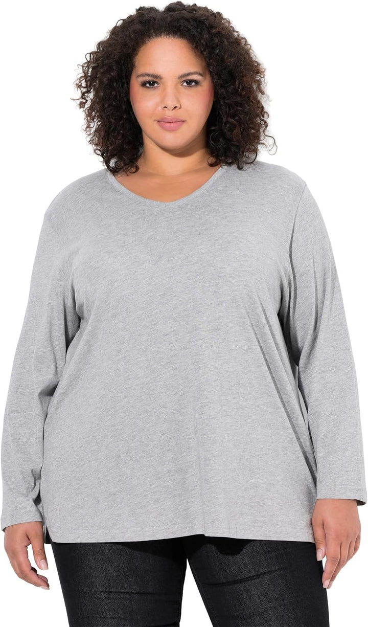 Ulla Popken Damen Basic-v-Shirt, Langarm Langarmshirt (1er Pack) 42-44 Hellgrau Mélange, 42-44 Hellg