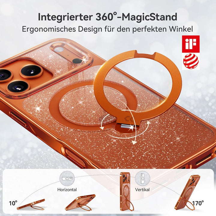 CASEKOO Glitzer Orange für iPhone 17 Pro Max Hülle für MagSafe [360 Drehständer] [Kameraschutz & Mil