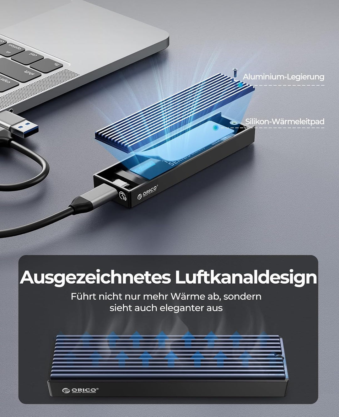 ORICO M.2 NVMe SSD Gehäuse USB-C Adapter 10Gbps USB3.2/ USB3.1 Gen2 für PCIe NVMe M-Key/M+B Key SSD,